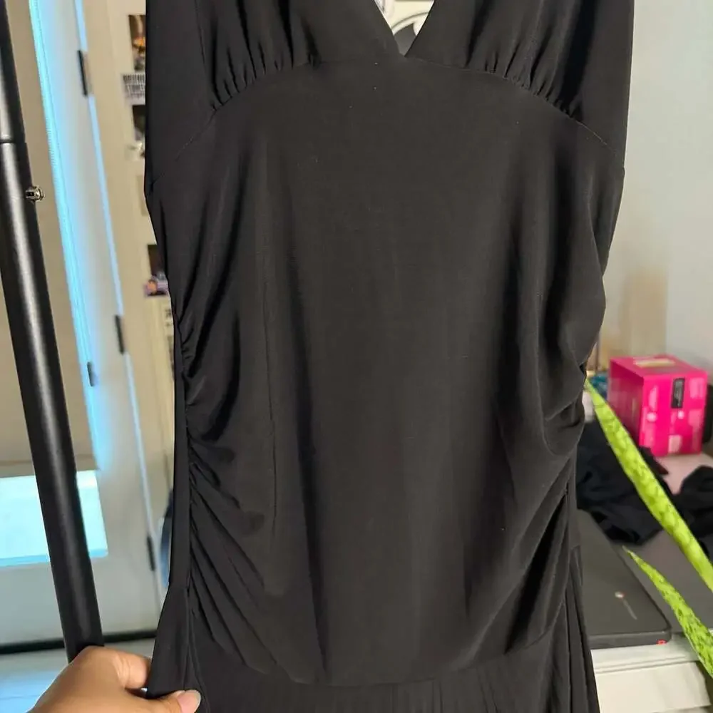 Vintage Black Halter Dress Pleated Maxi V-Neck S
